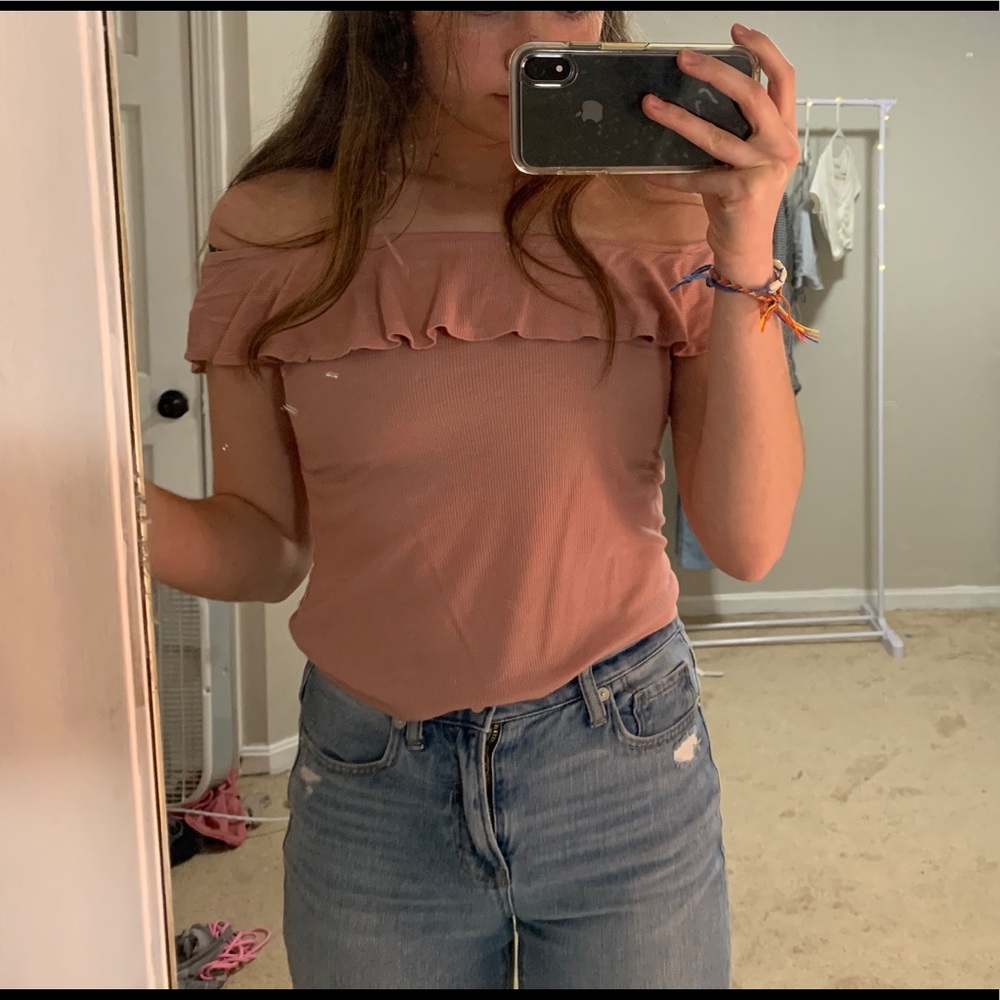 Pink ruffle off the shoulder top